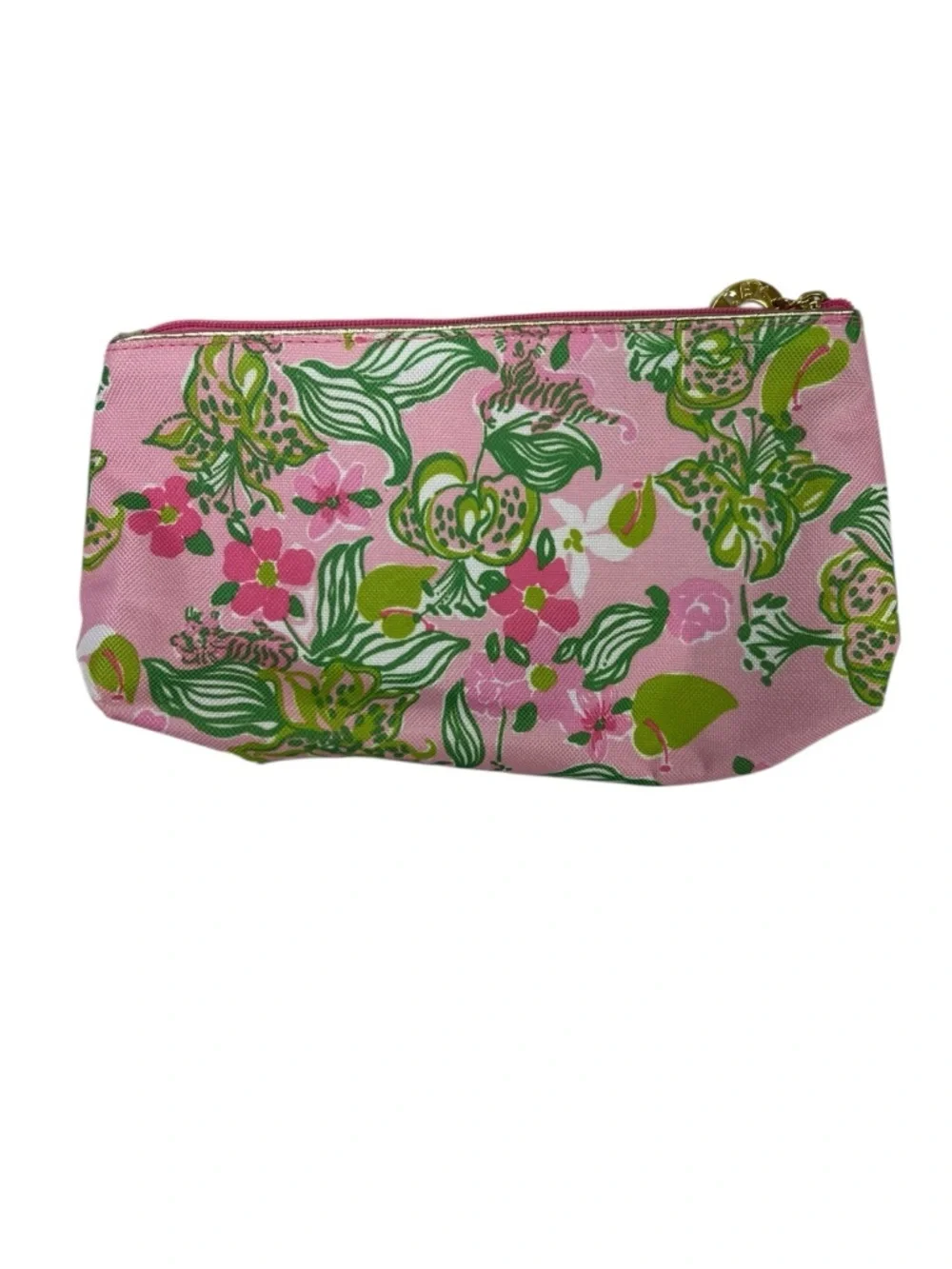 Lilly Pulitzer Pink Floral Cosmetic Pouch with Green Leaves